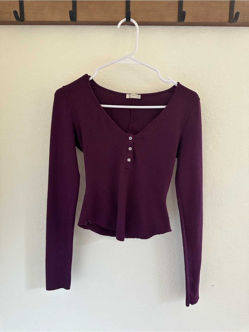 Free People Long Sleeve Ribbed Henley in Plum